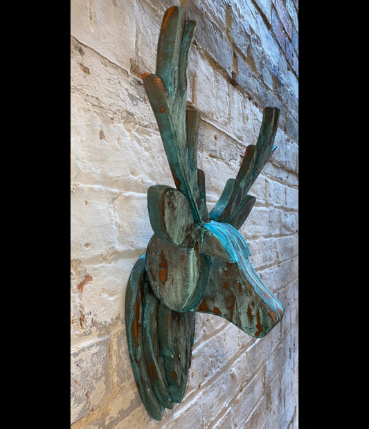 Wooden Stag Head - (blue/turquoise and copper-toned distressed finish)
